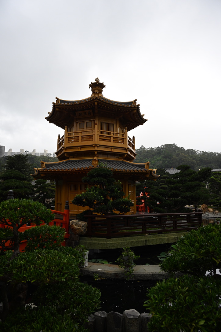 Golden pagoda pavilion framed by bonsai and a red bridge